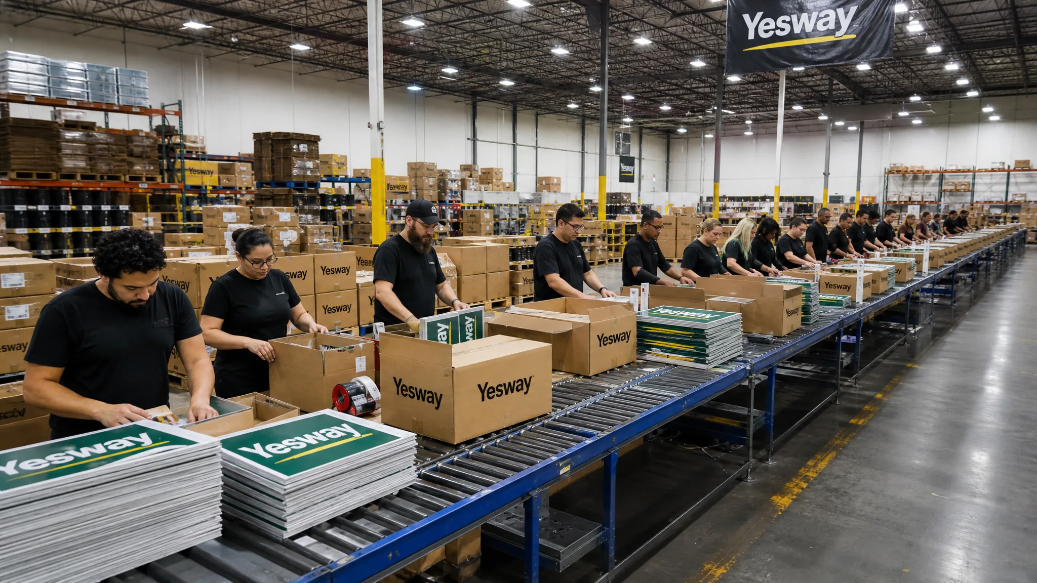 Imagine production team kitting Yesway signage along a warehouse conveyor line